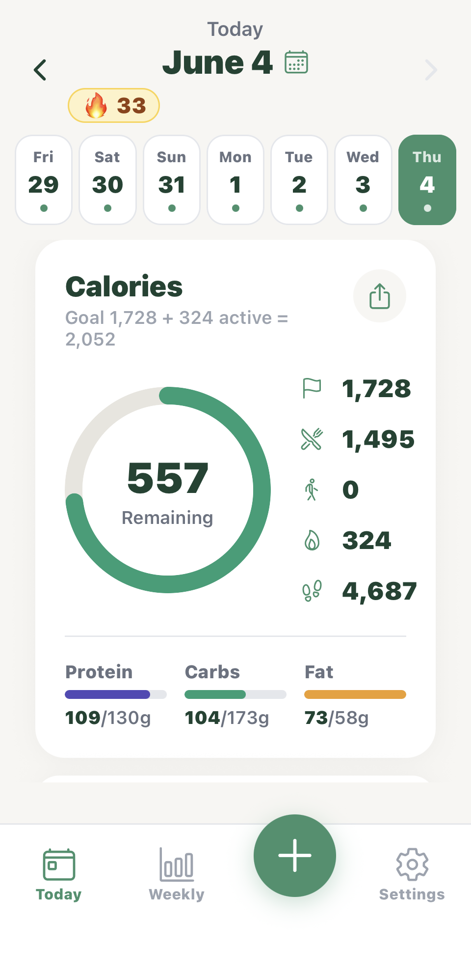 SnapWell — the Today tab with calorie ring, macros, and date strip